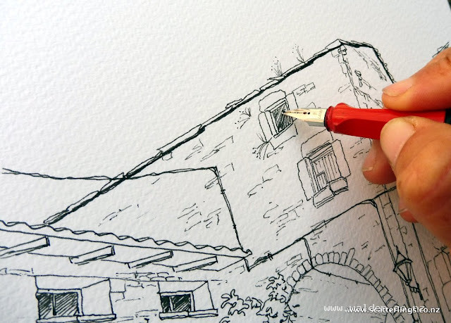 Darkening shadow areas with a broad nib