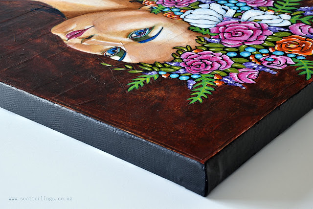 Detail of "Abundance" - mixed media portrait painting of a goddess with flowers