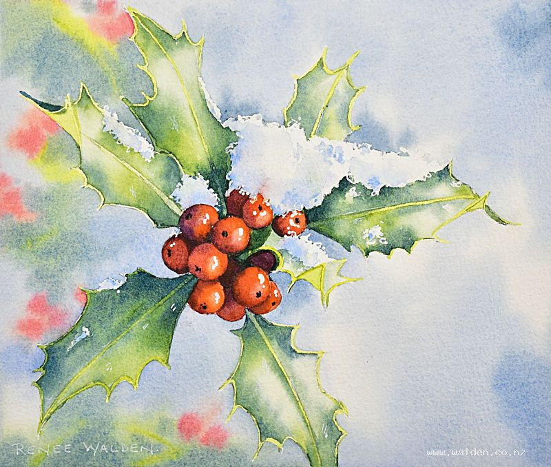 watercolour painting of holly in the snow