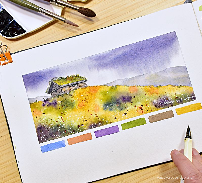 Norwegian grass-roofed hut in watercolour