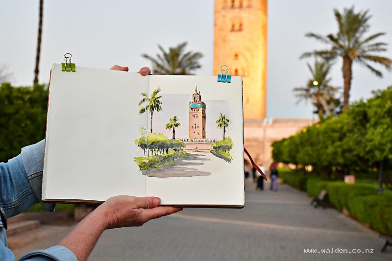Watercolour sketch of Koutoubia Mosque at sunset