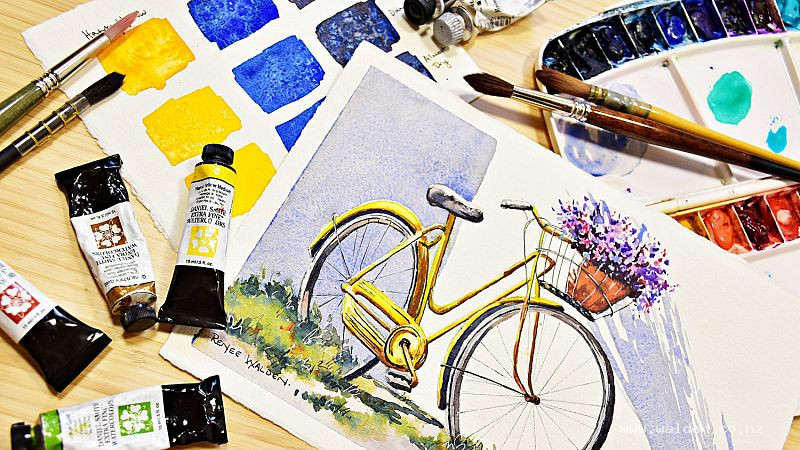 Old yellow bicycle, watercolour