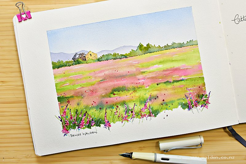 Watercolour landscape painting lesson - pink meadow