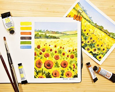 how to paint a sunflower field in watercolours