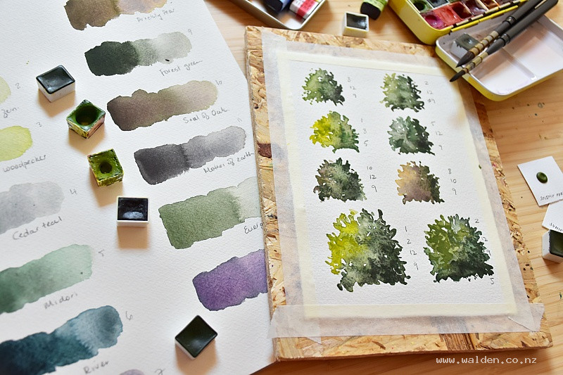 Swatching watercolour greens