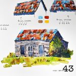 43. Old wood and corrugated iron in pen and watercolourd