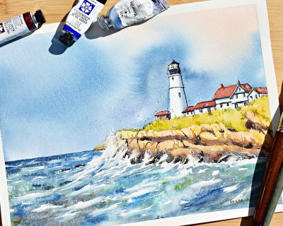 Lighthouse with stormy sea and sky