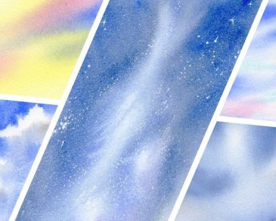 Five different watercolour skies