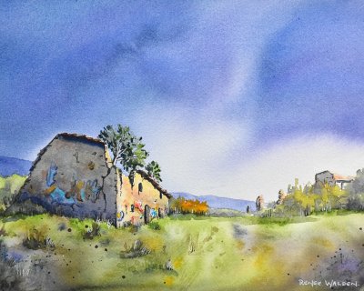 Sunlit ruin with stormy sky